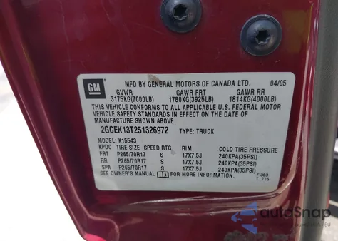 2005 Chevrolet Silverado 1500 Z71 from USA, damaged, VIN 2GCEK13T251326972